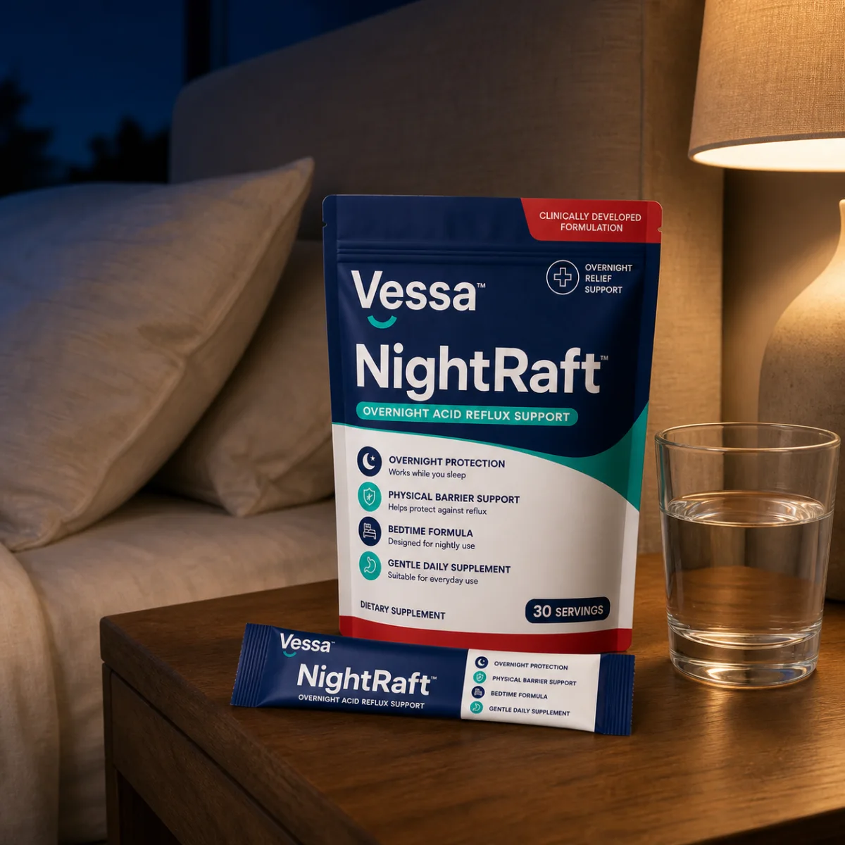 NightRaft pouch, powder stick and water arranged beside a bed